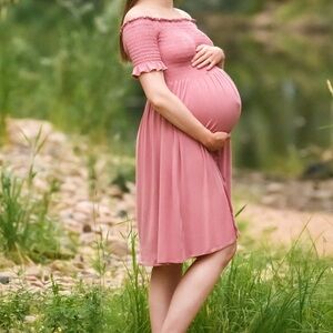 Maternity Mauve Smocked Off Shoulder Dress- size L